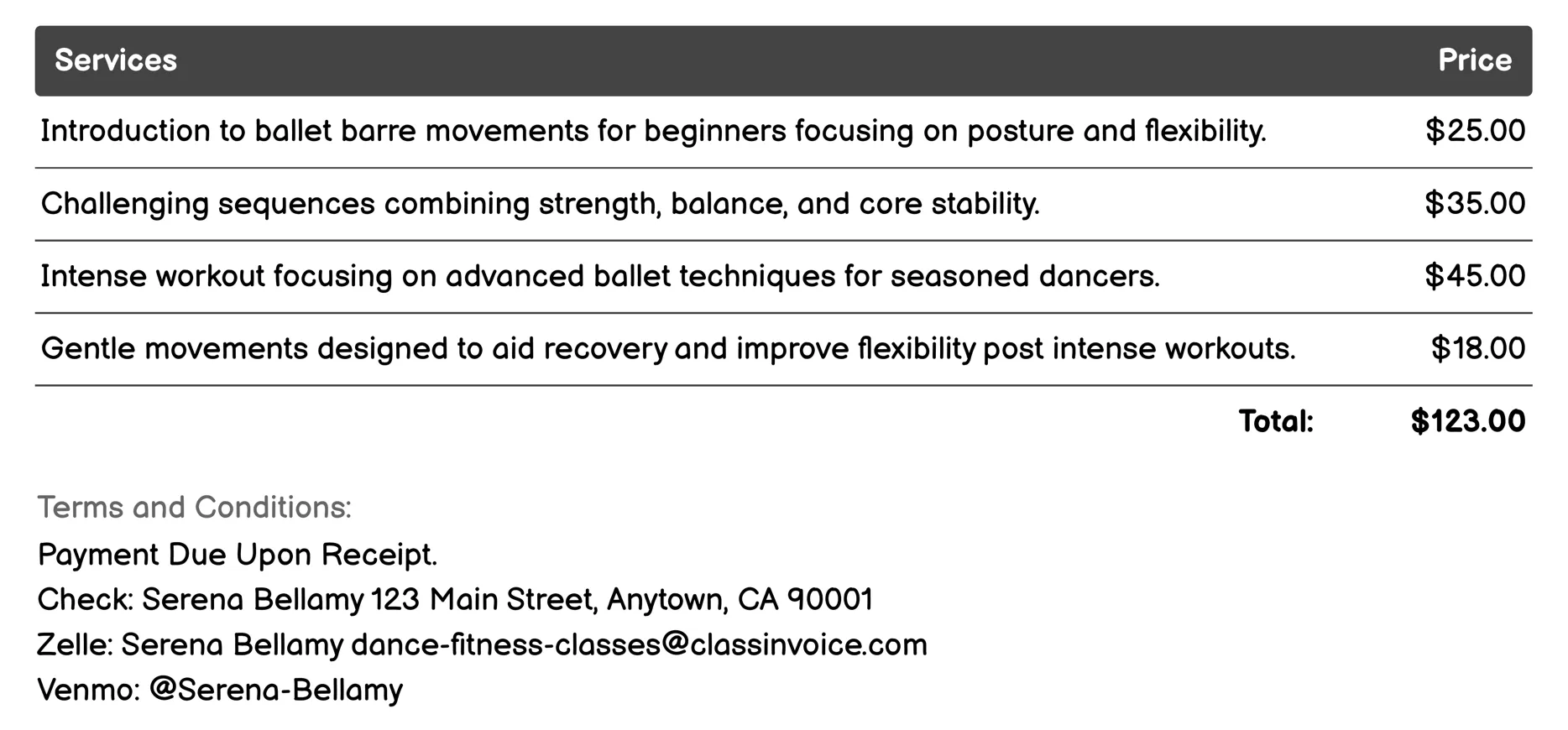 Ballet Barre Invoice Example
