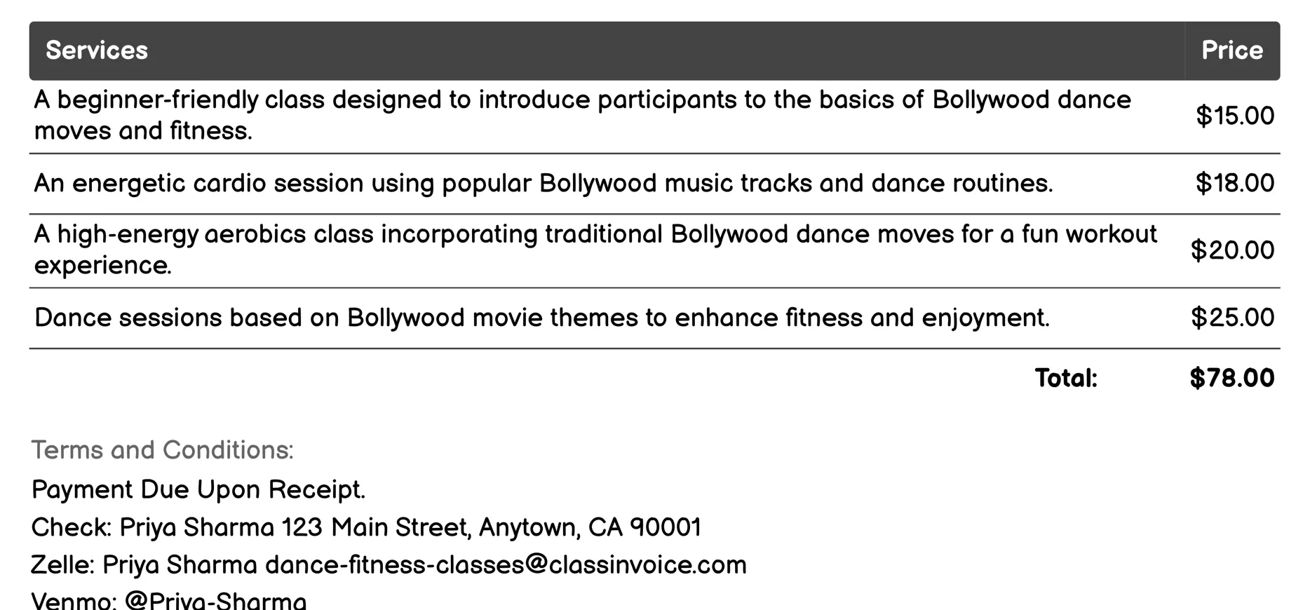Bollywood Dance Fitness Invoice Example