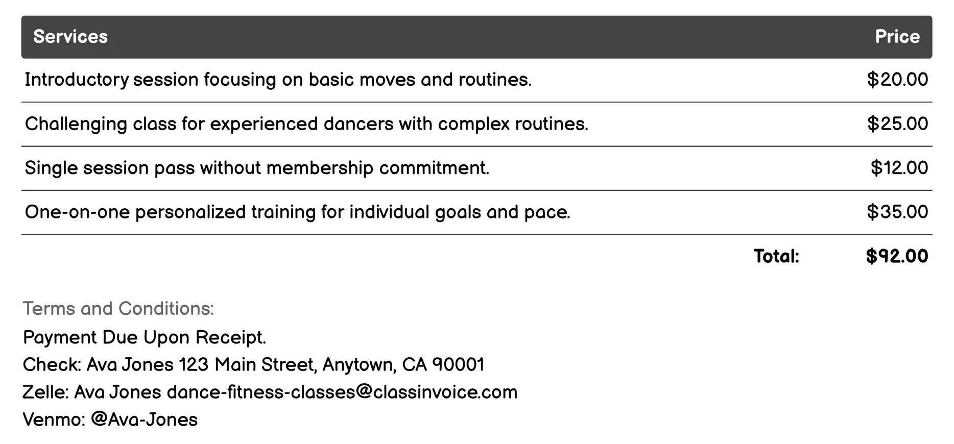 Hip Hop Fitness Invoice Example