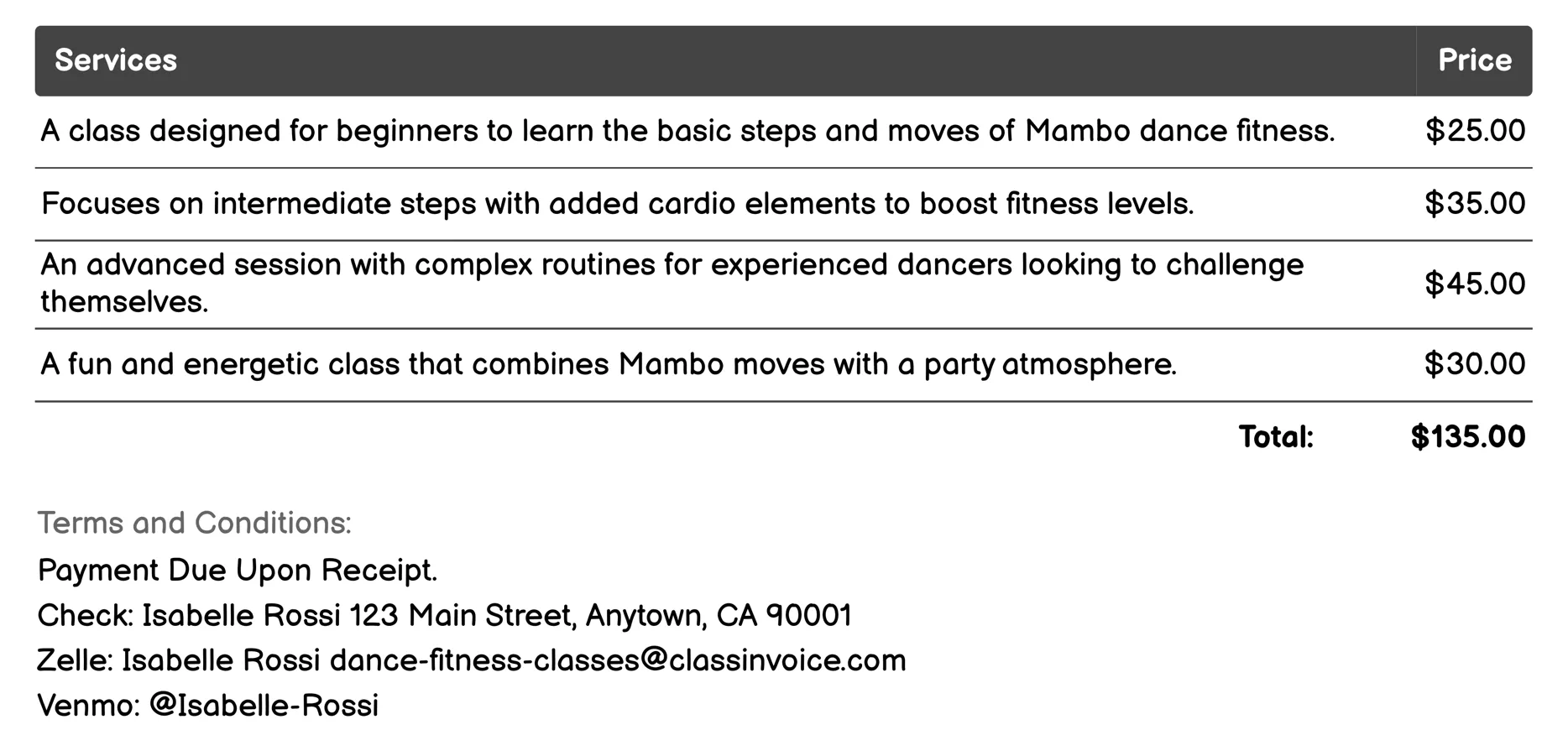 Mambo Dance Fitness Invoice Example