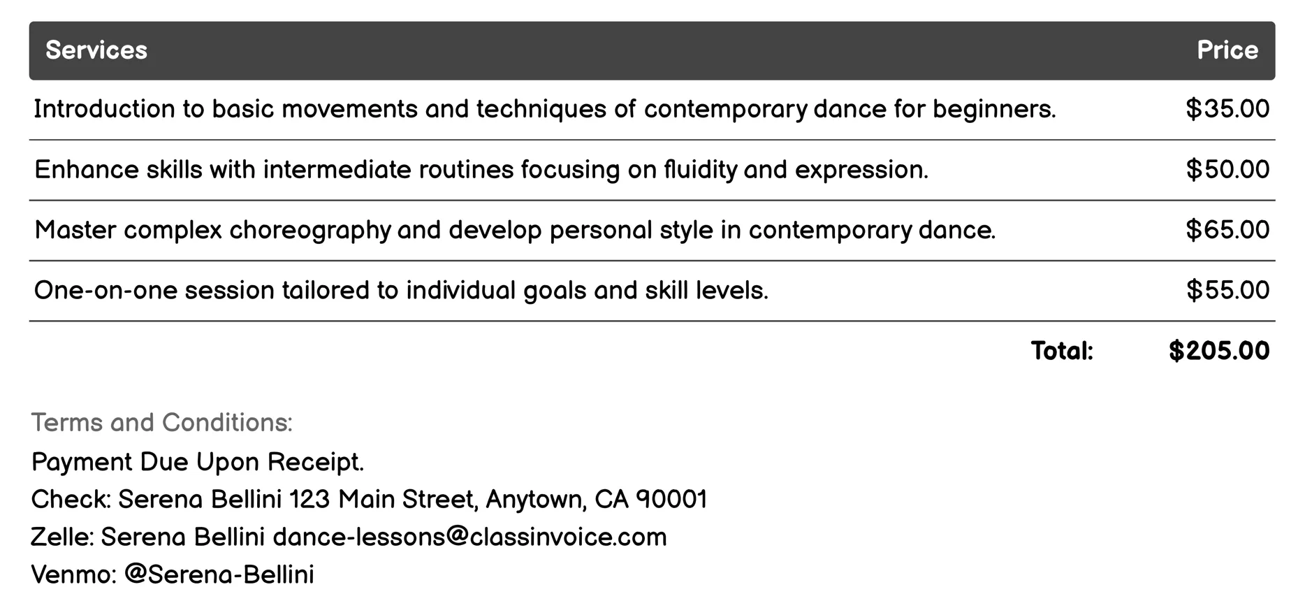 Contemporary Dance Classes Invoice Example