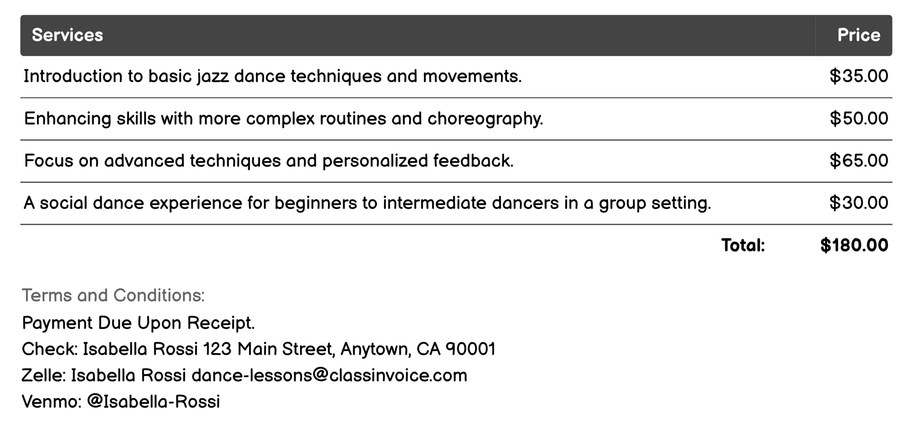 Jazz Dance Lessons Invoice Example
