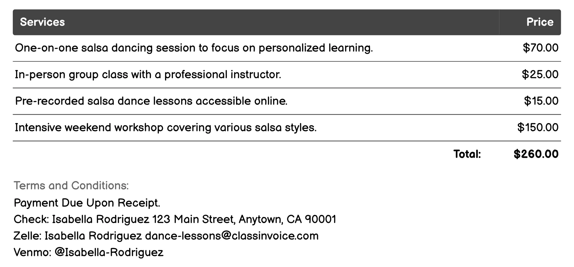 Salsa Dancing Classes Invoice Example