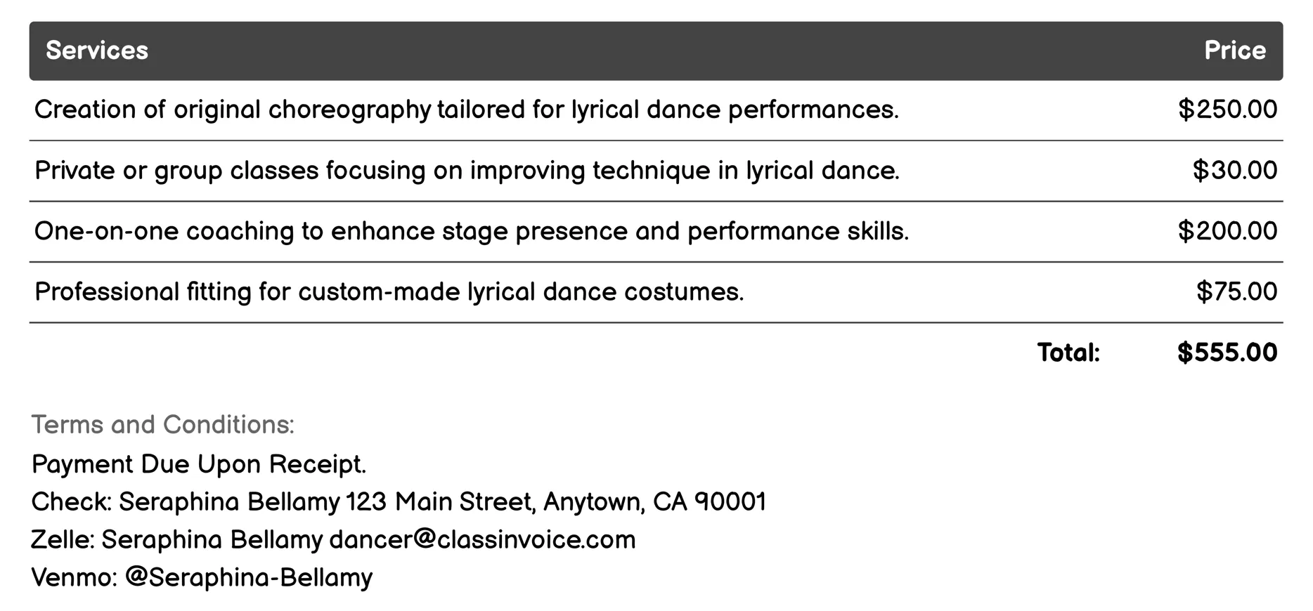 Lyrical Dancer Invoice Example