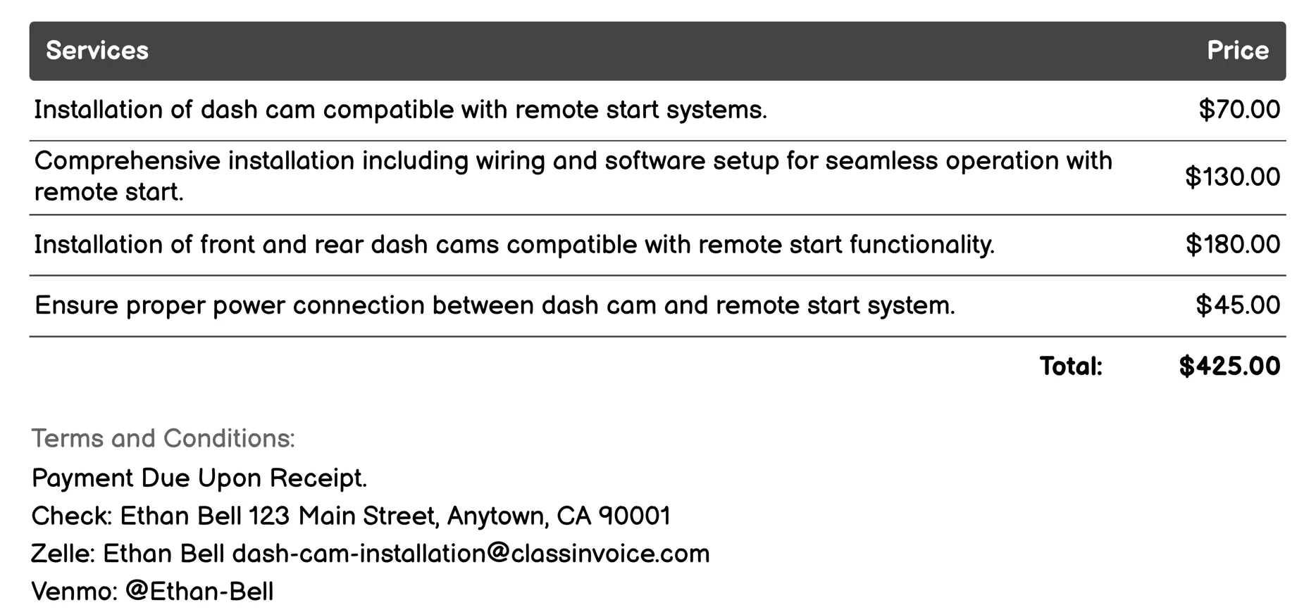 Remote Start Compatibility Invoice Example