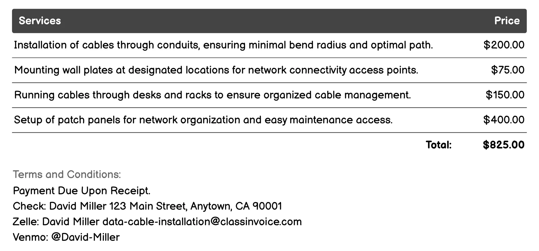 Indoor Data Cable Installation Invoice Example
