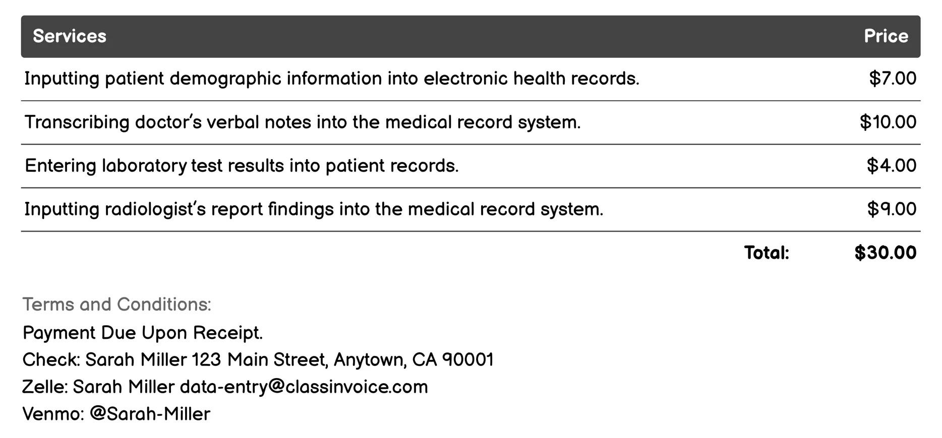 Medical Records Input Invoice Example