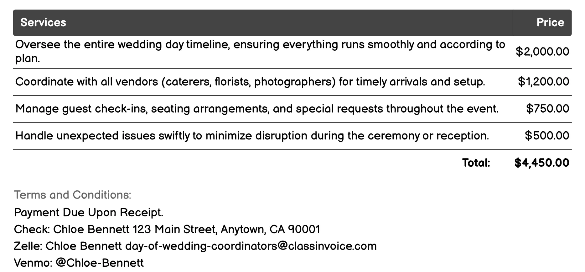 On-site Wedding Day Management Invoice Example