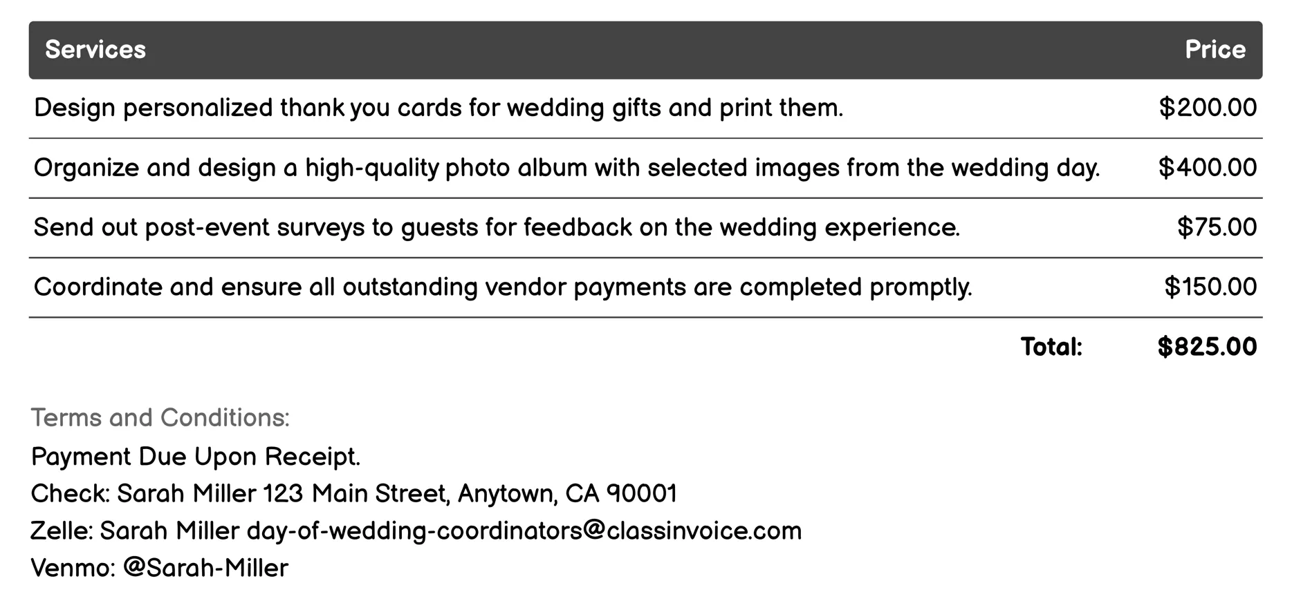 Post-Wedding Follow-up Invoice Example