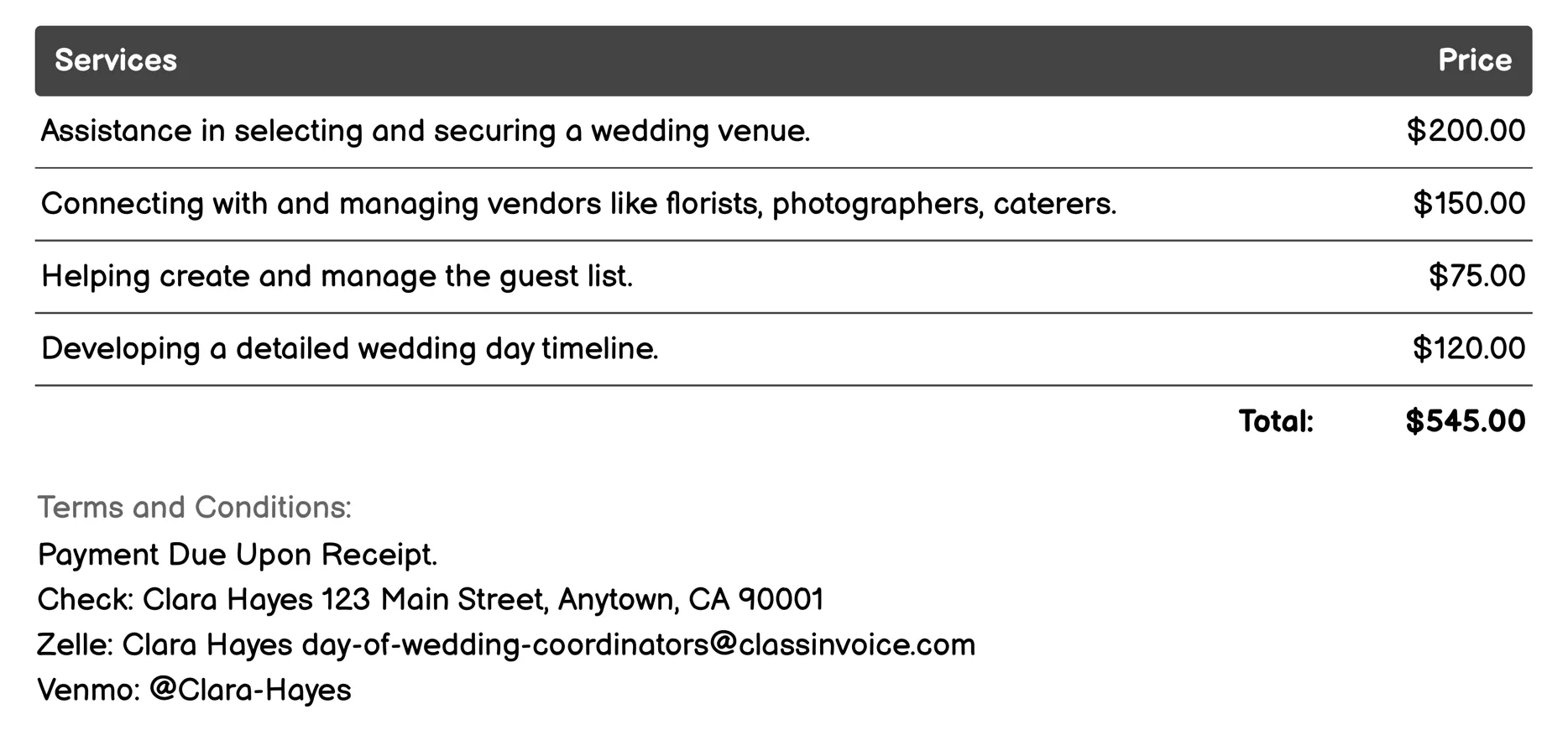 Pre-Wedding Consultation Invoice Example