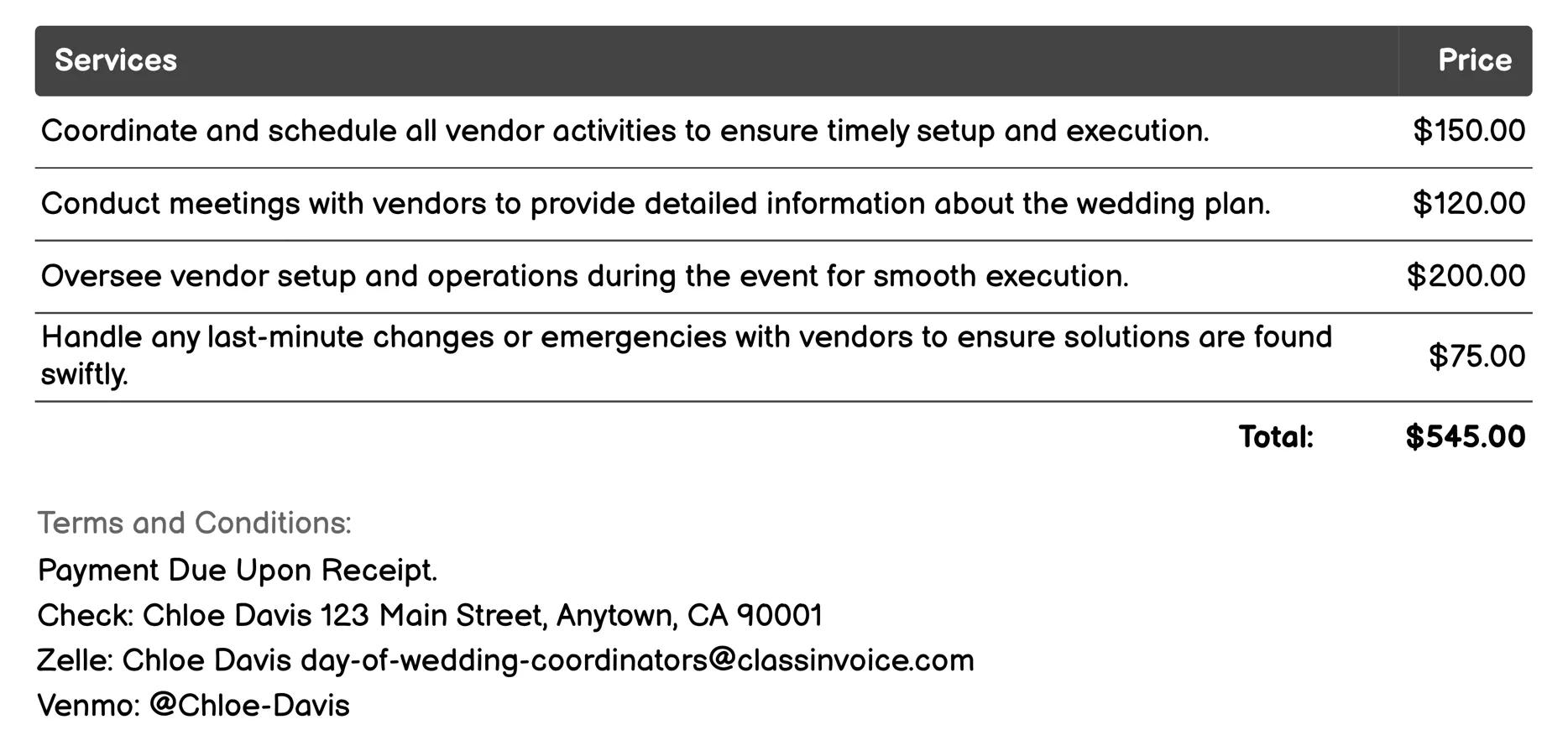 Vendor Coordination Invoice Example
