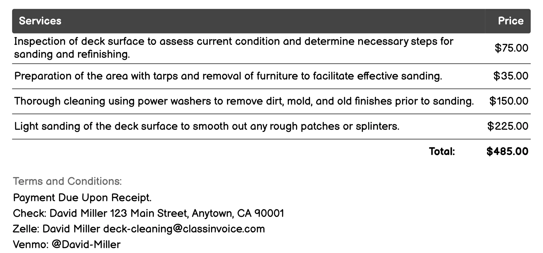 Sanding and Refinishing Invoice Example