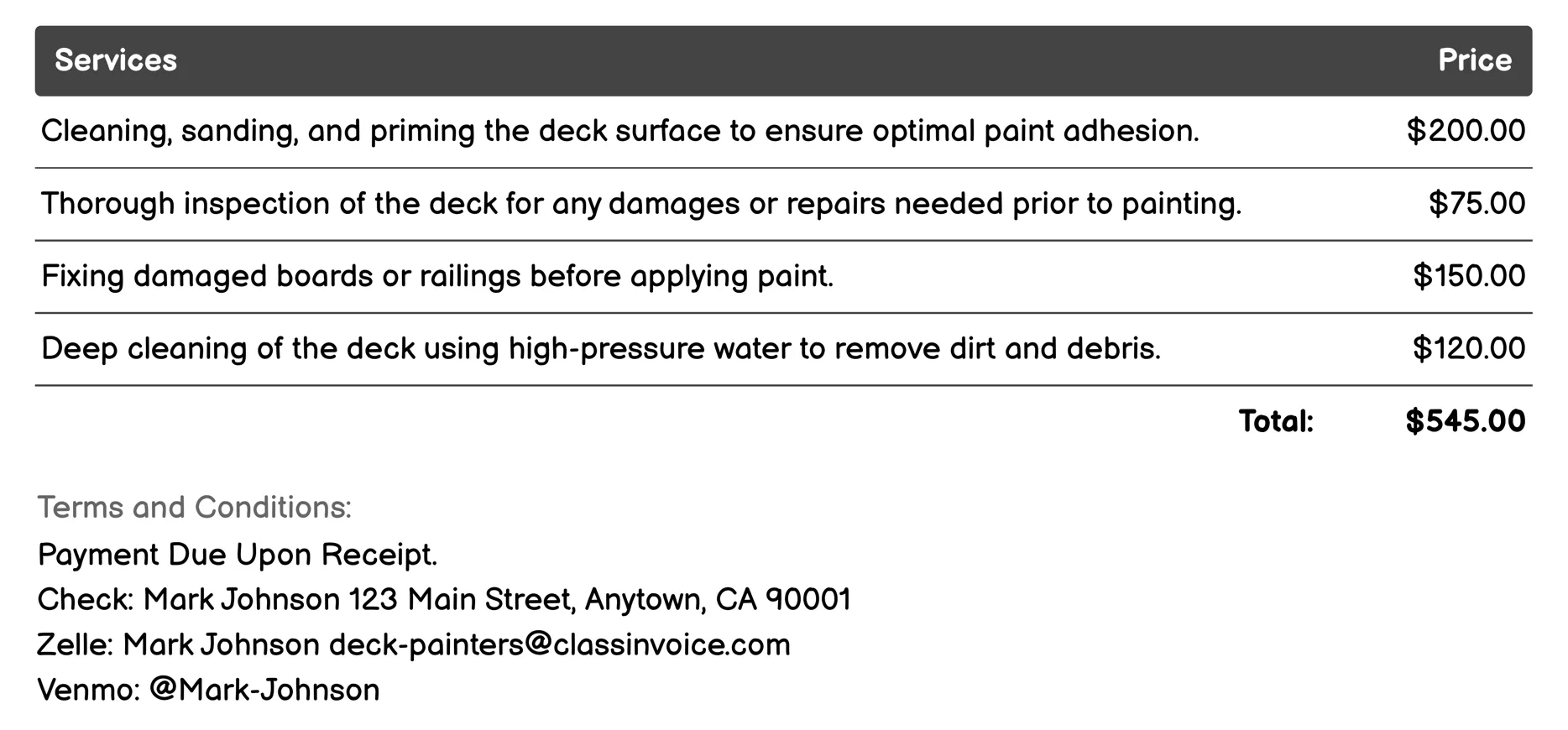 Residential Deck Painting Invoice Example