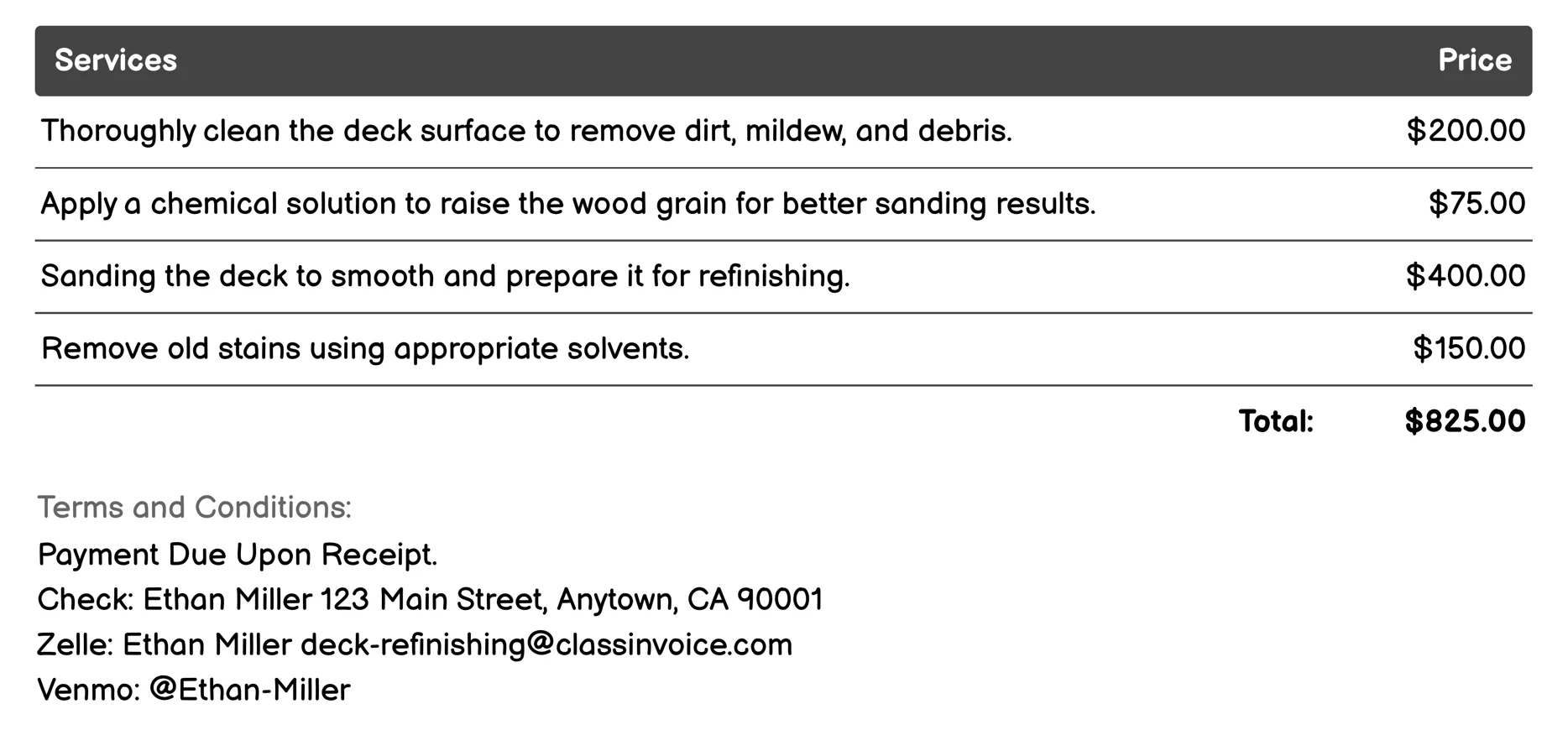 Grain Raising and Screening Invoice Example
