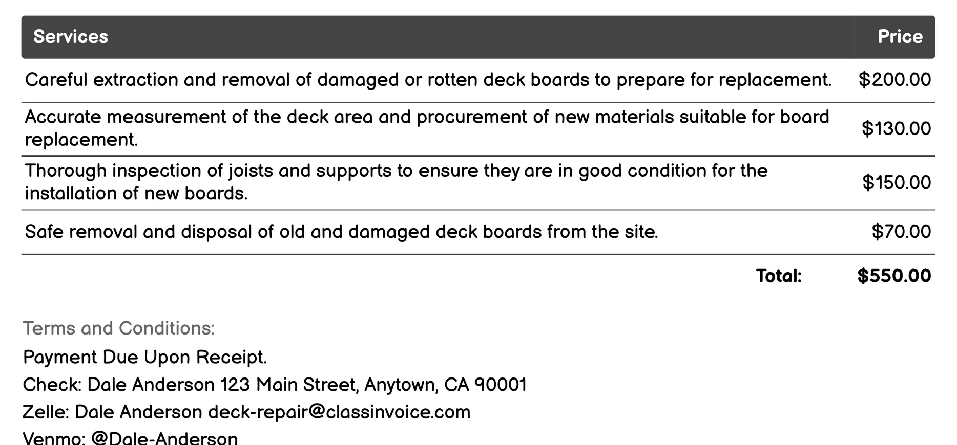 Deck Board Replacement Invoice Example