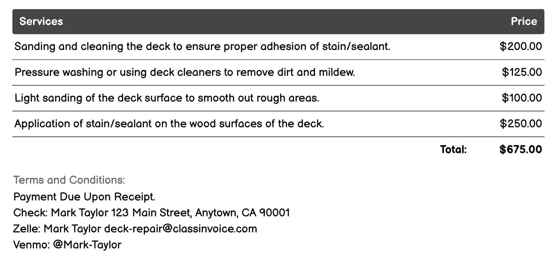 Deck Staining and Sealing Invoice Example