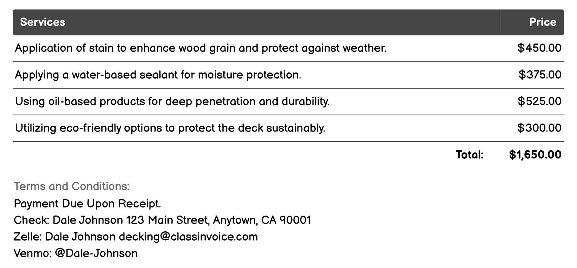 Deck Staining & Sealing Invoice Example