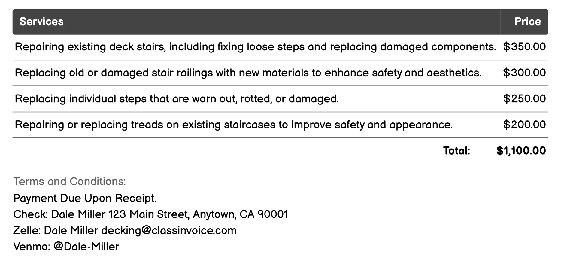 Deck Stair Repair or Replacement Invoice Example