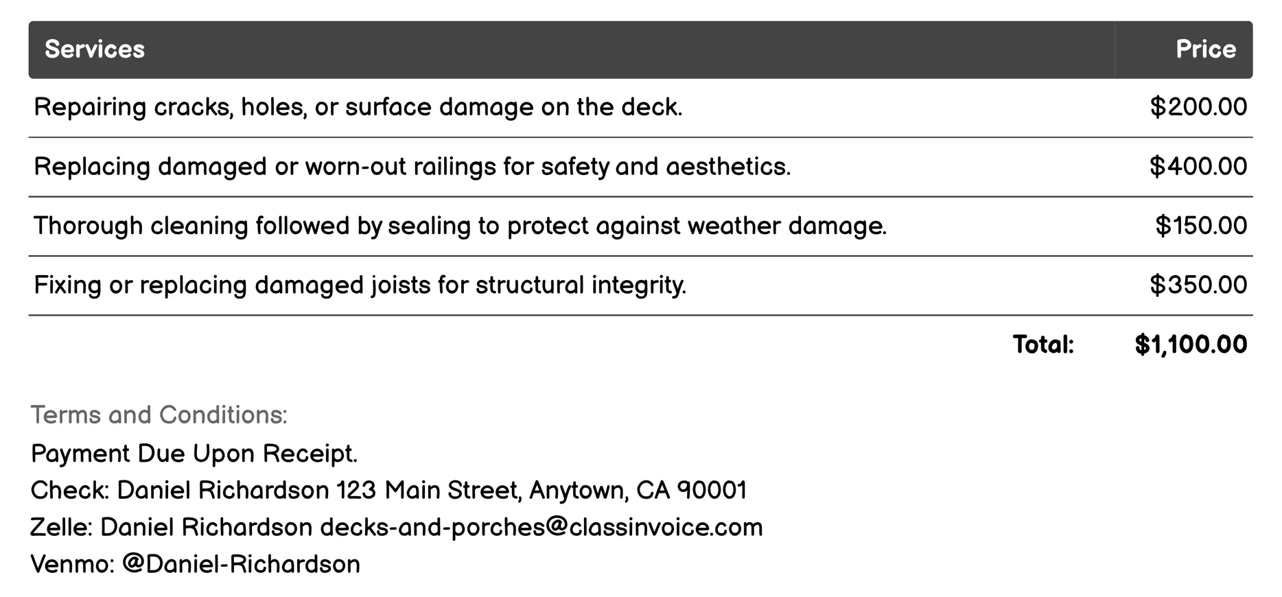 Deck Repair Services Invoice Example