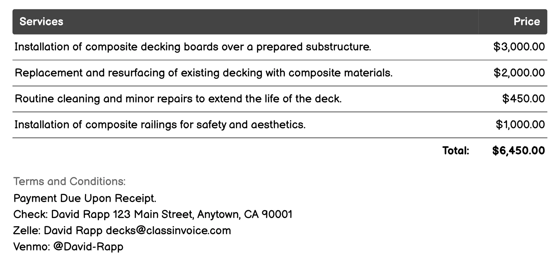 Composite Decking Service Invoice Example