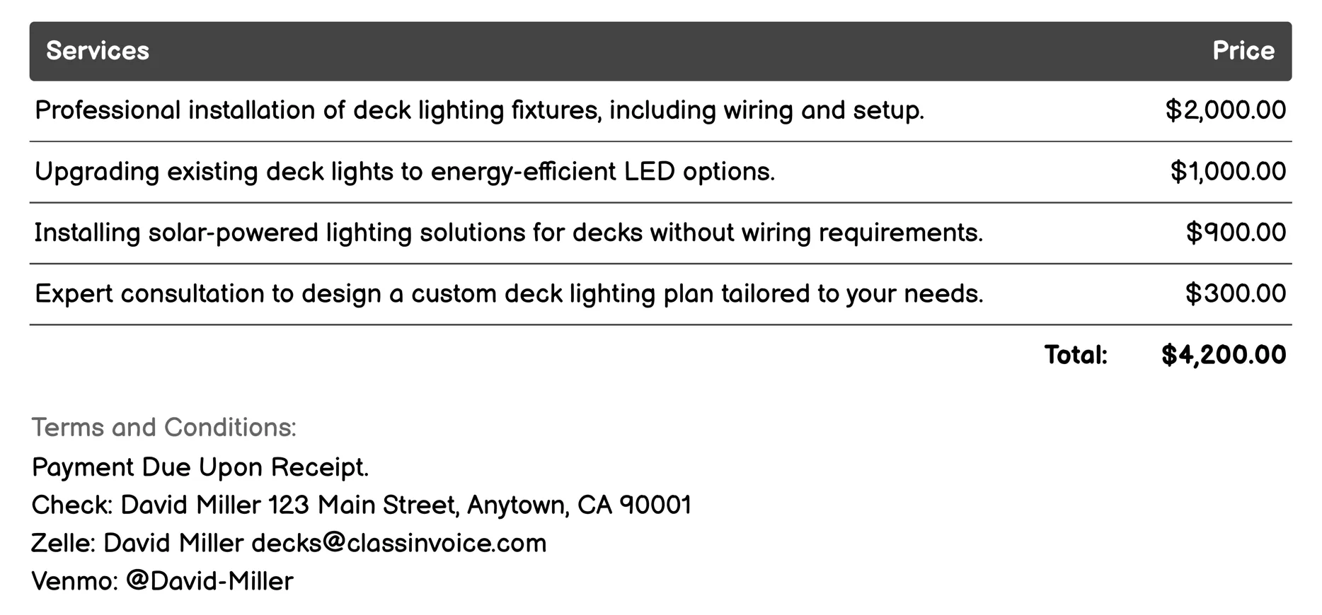 Deck Lighting Solutions Invoice Example