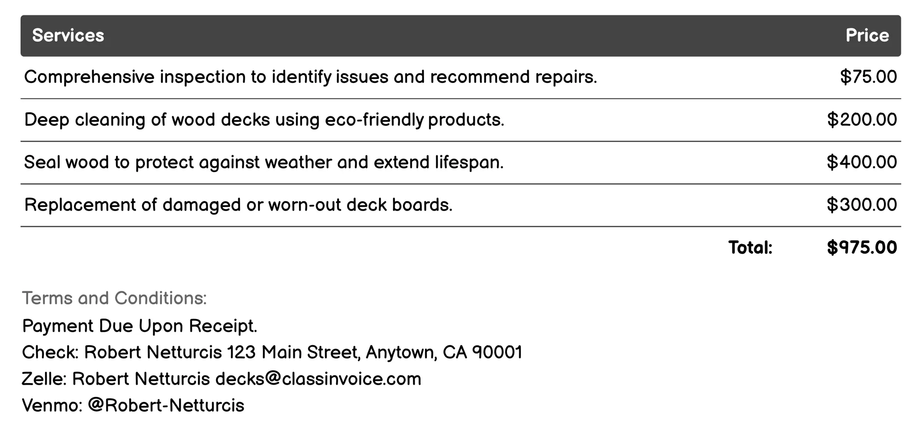 Deck Repair Services Invoice Example