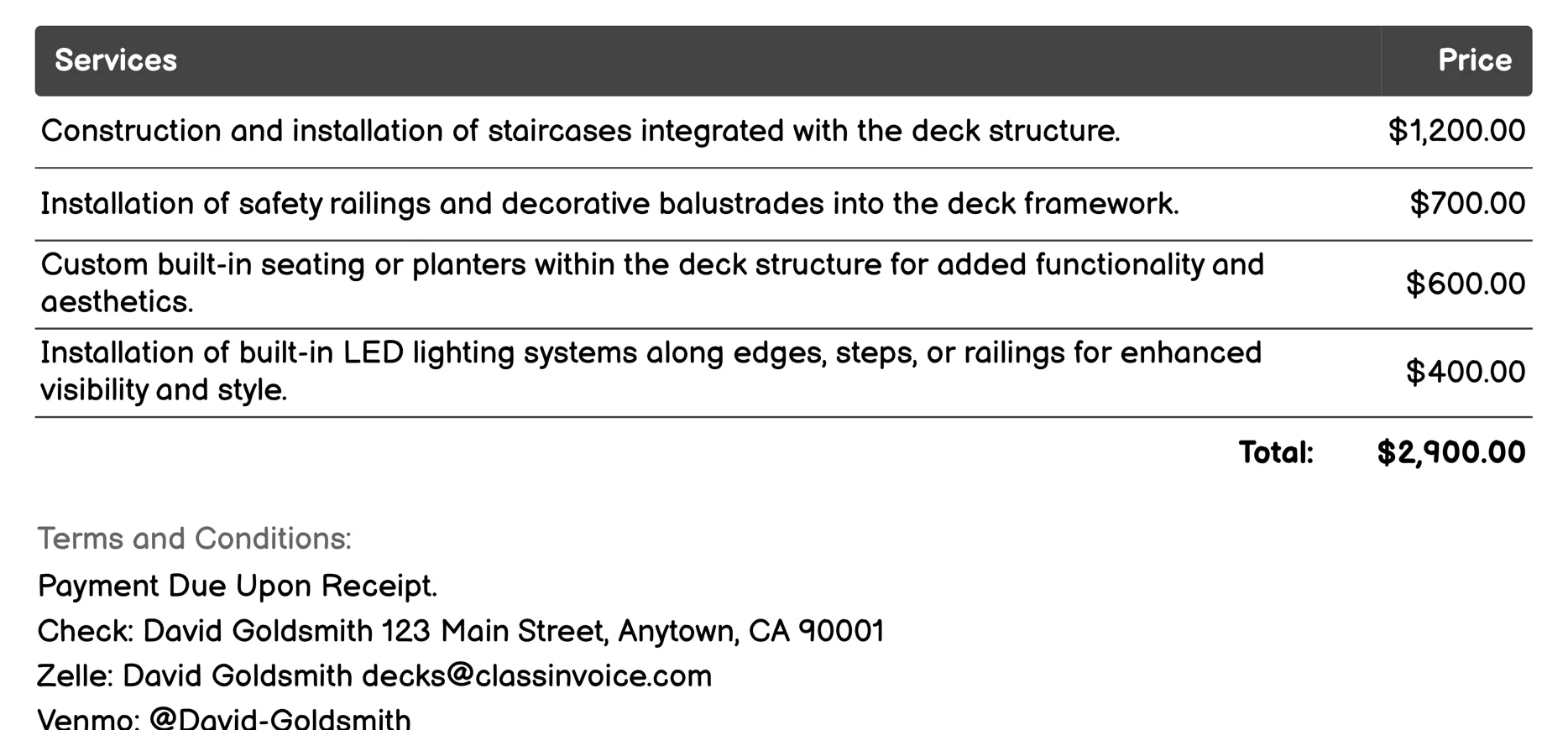Decks with Built-in Features Invoice Example
