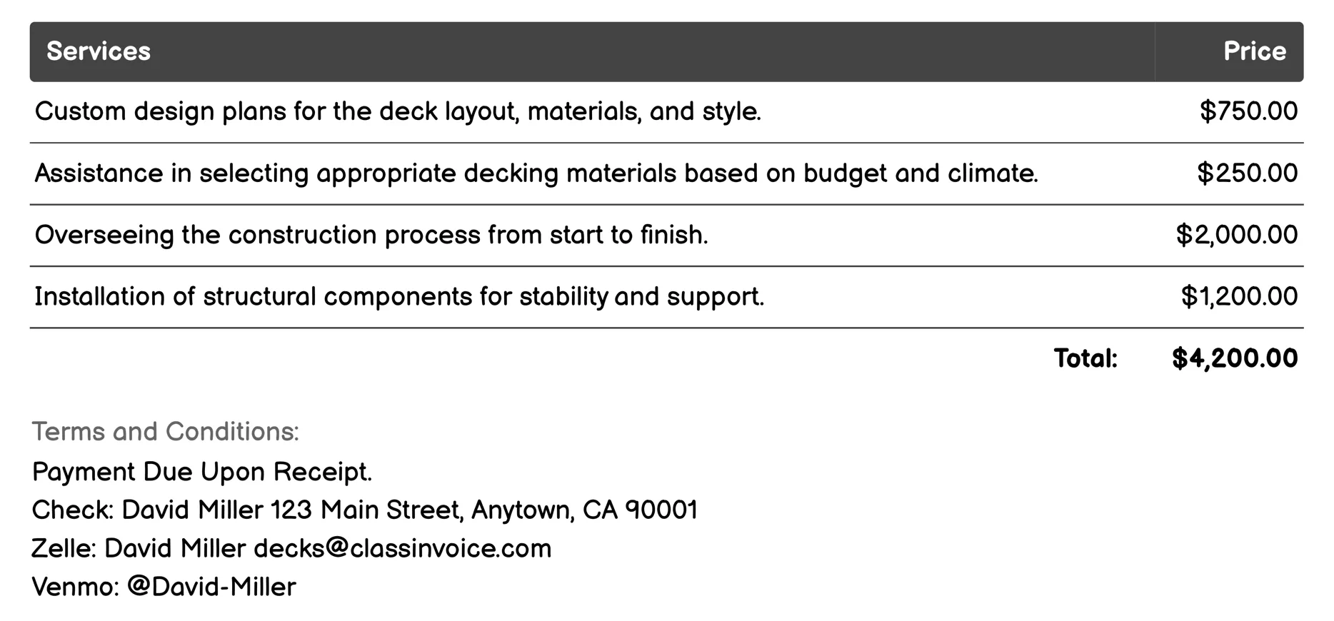 Outdoor Deck Design Invoice Example