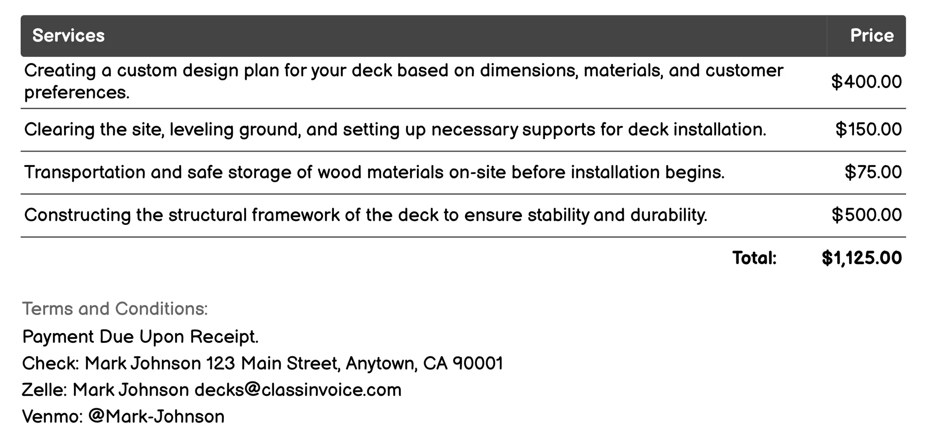 Wood Deck Installation Invoice Example