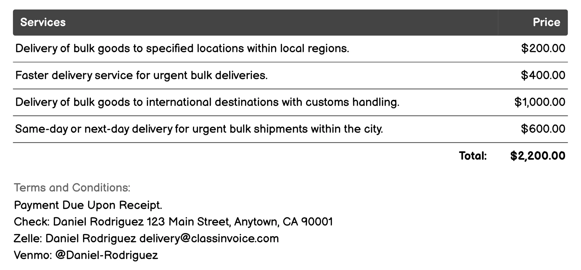 Bulk Delivery Service Invoice Example