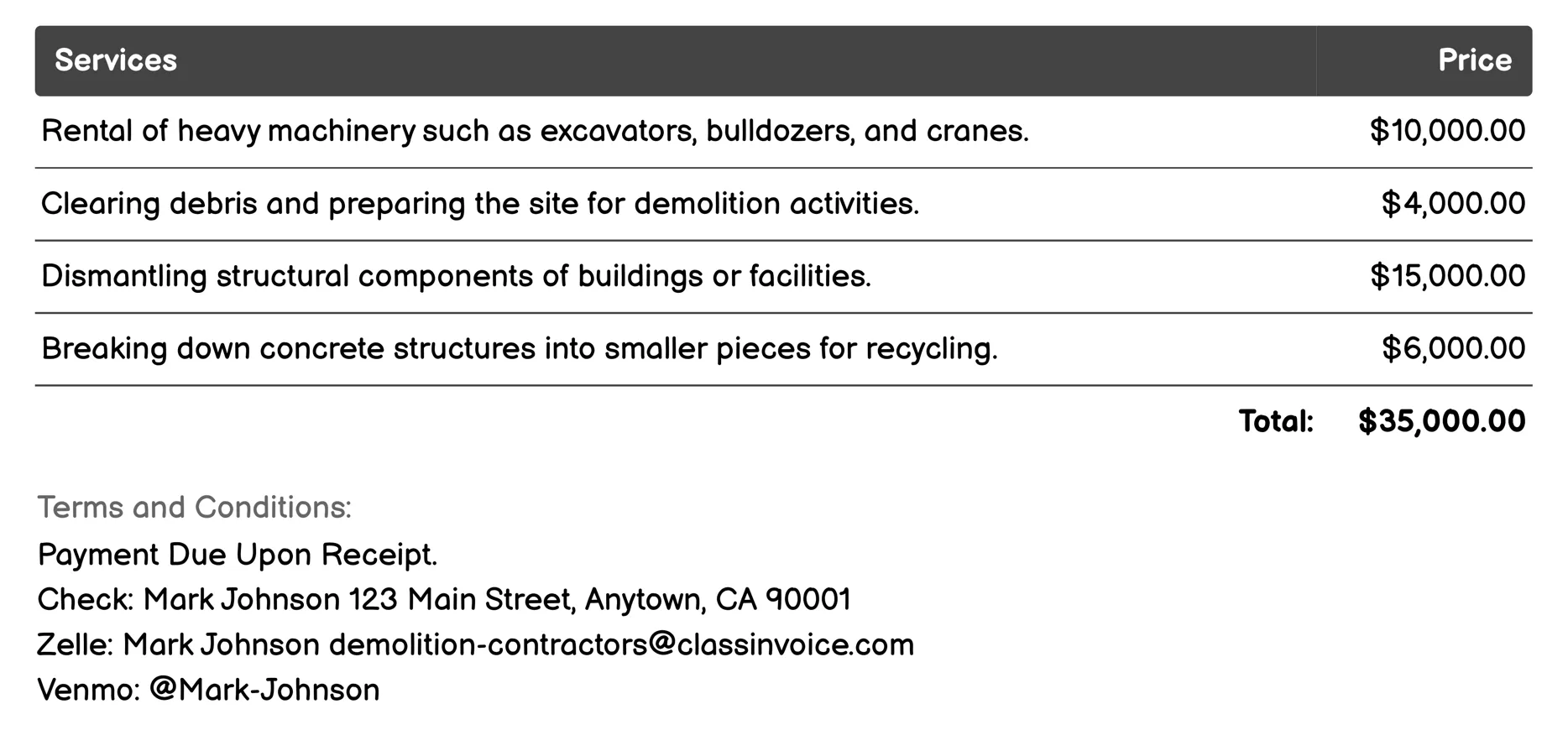 Mechanical Demolition Invoice Example