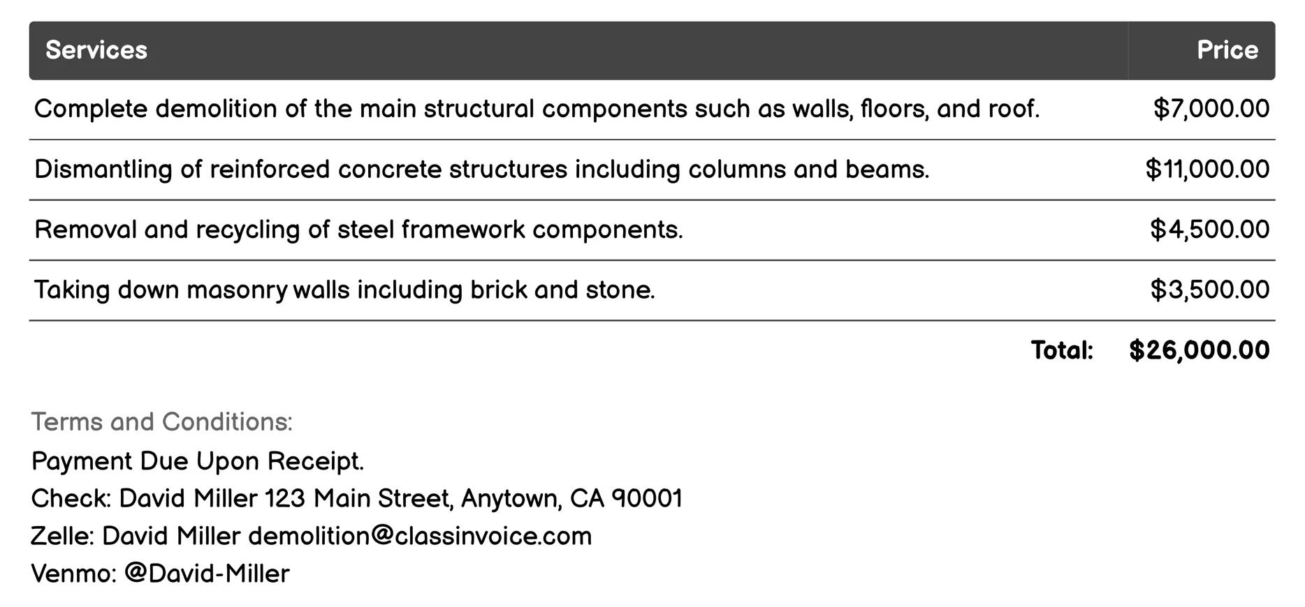Structural Demolition Invoice Example
