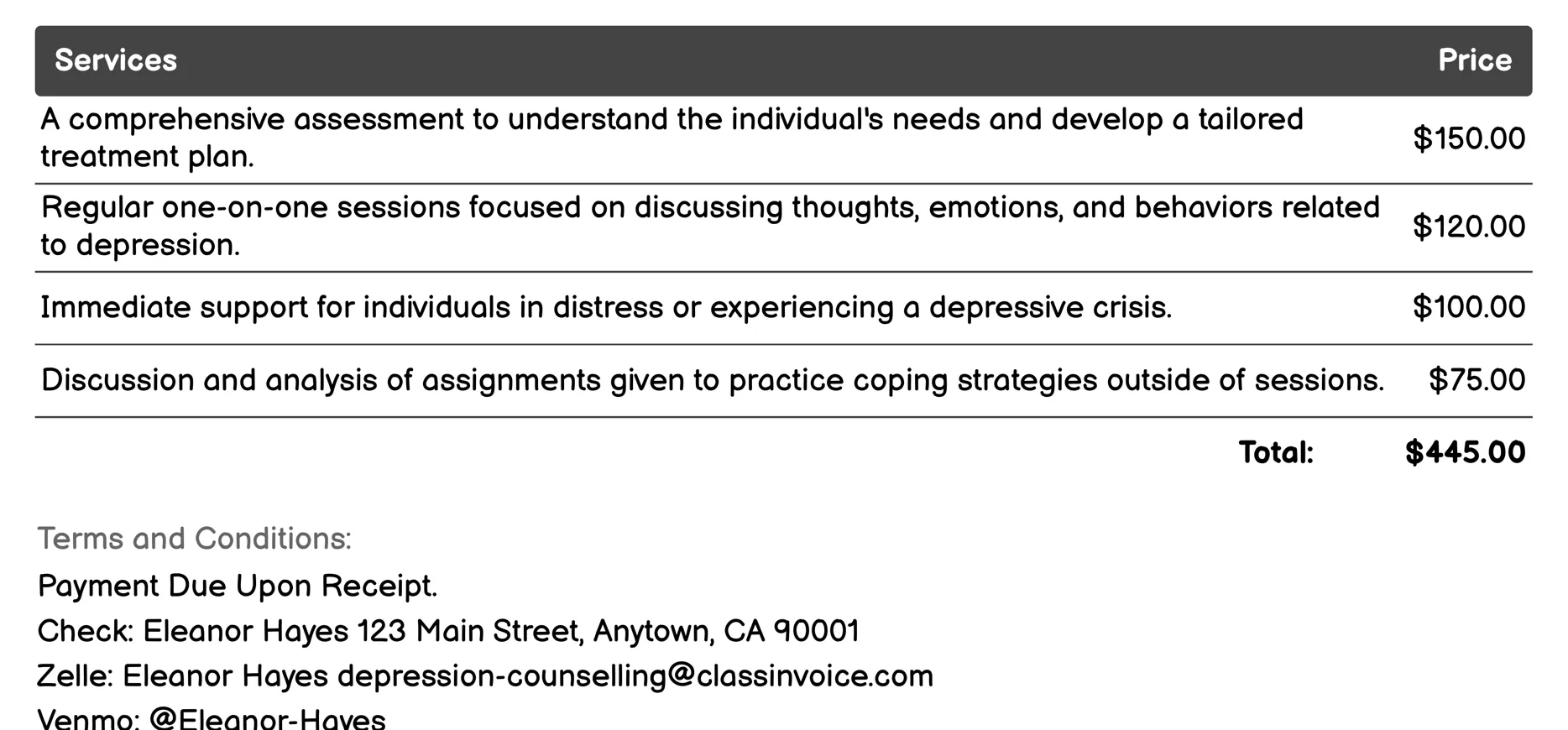 Individual Therapy Invoice Example