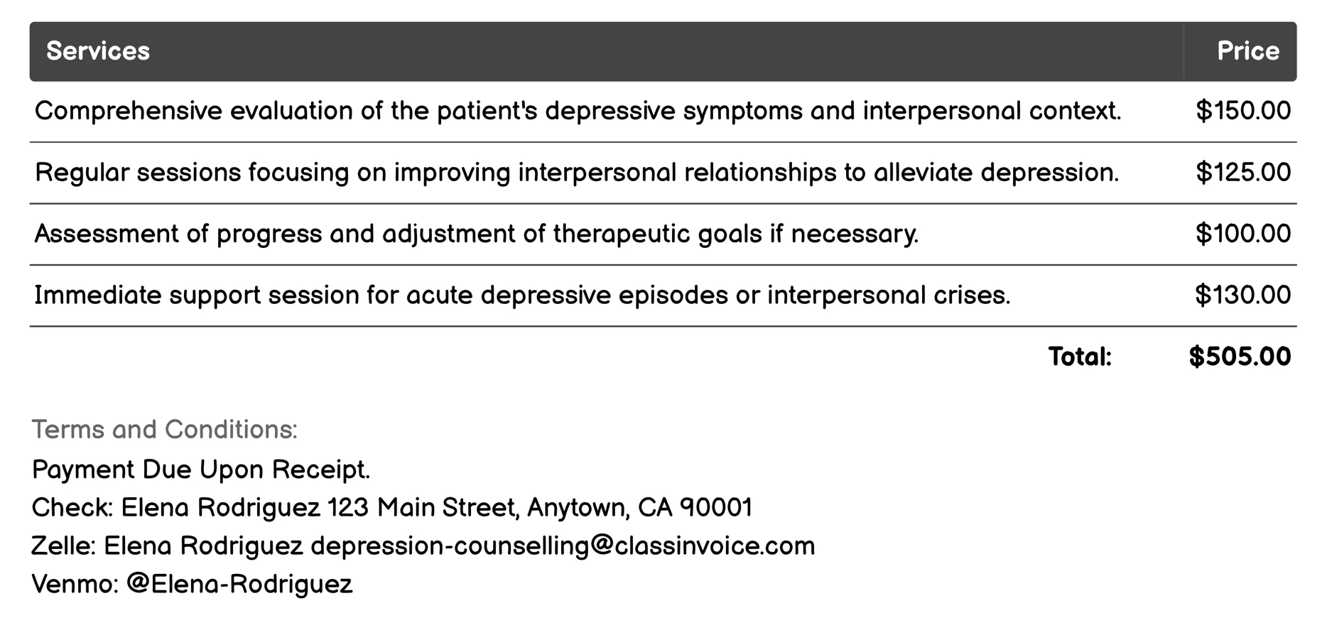 Interpersonal Therapy (IPT) Invoice Example
