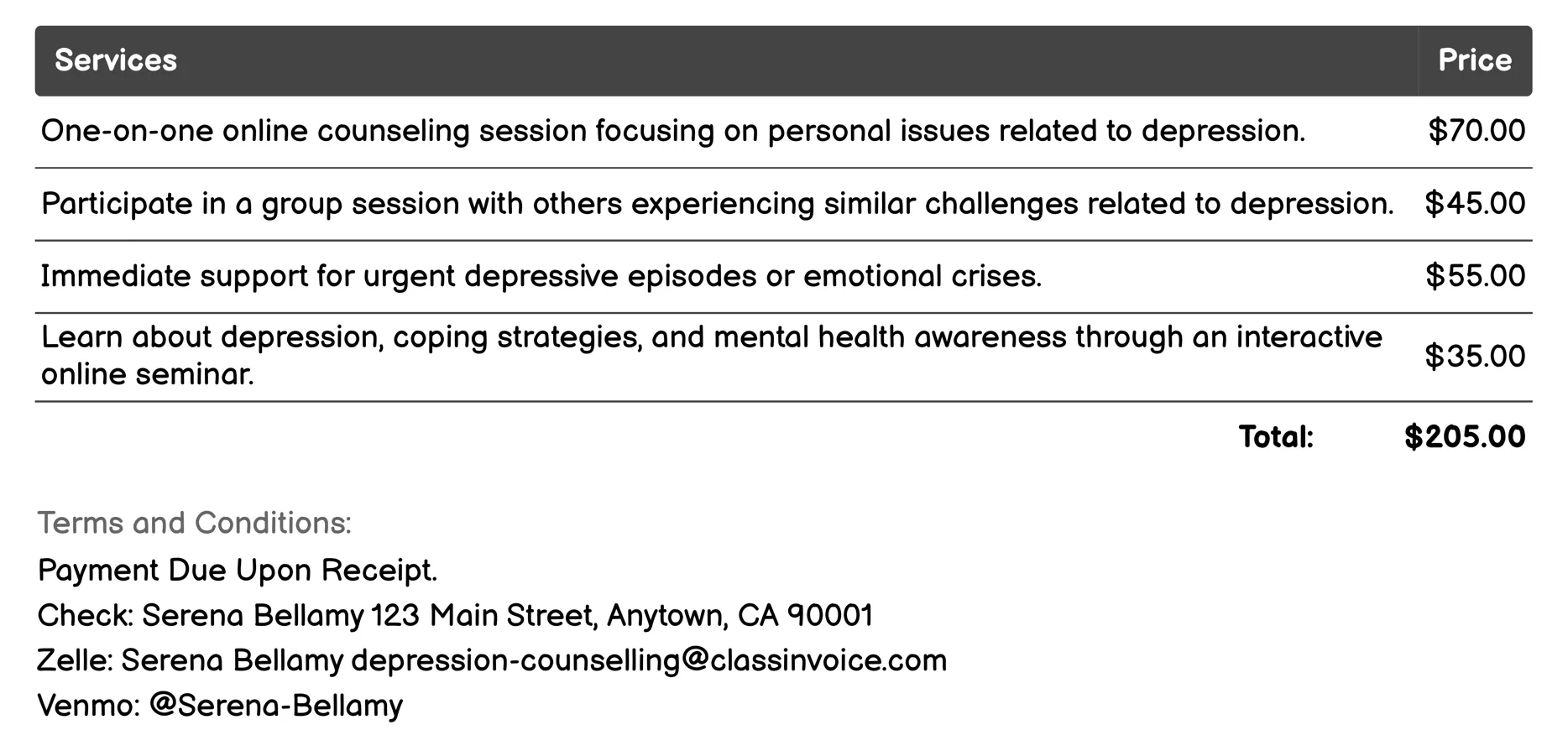 Online Counseling Services Invoice Example