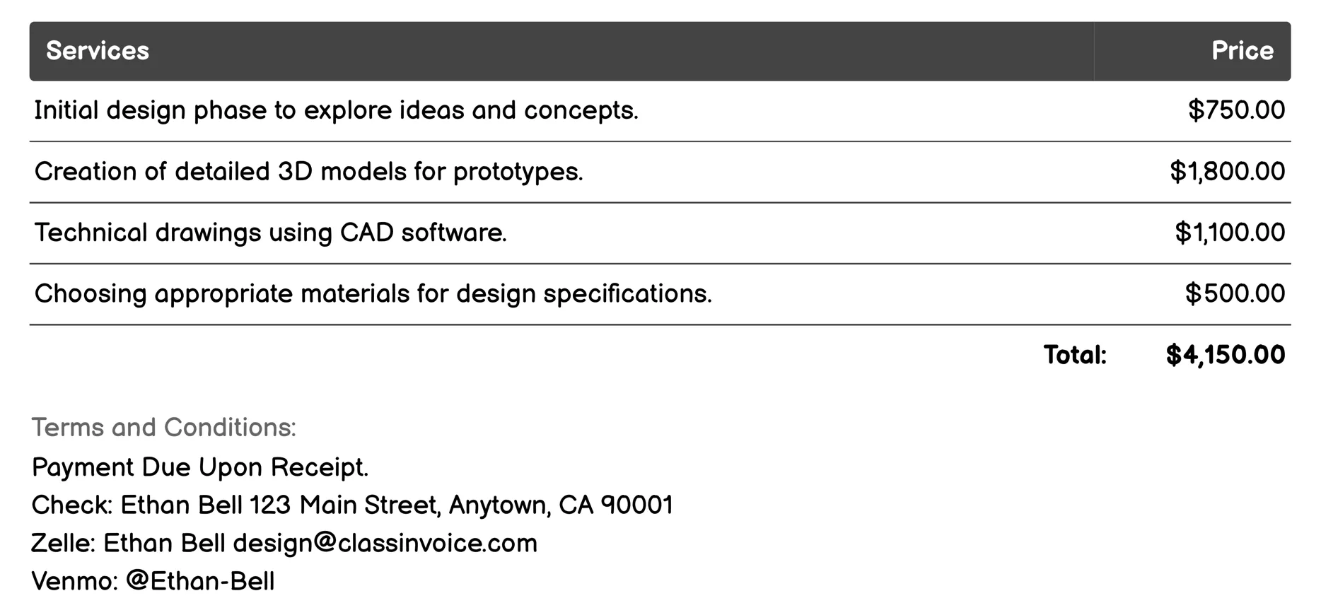 Industrial Design Invoice Example
