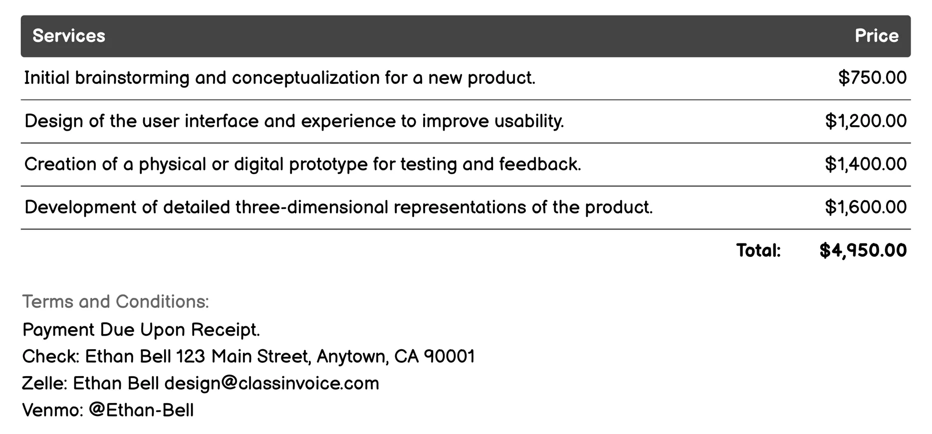 Product Design Invoice Example