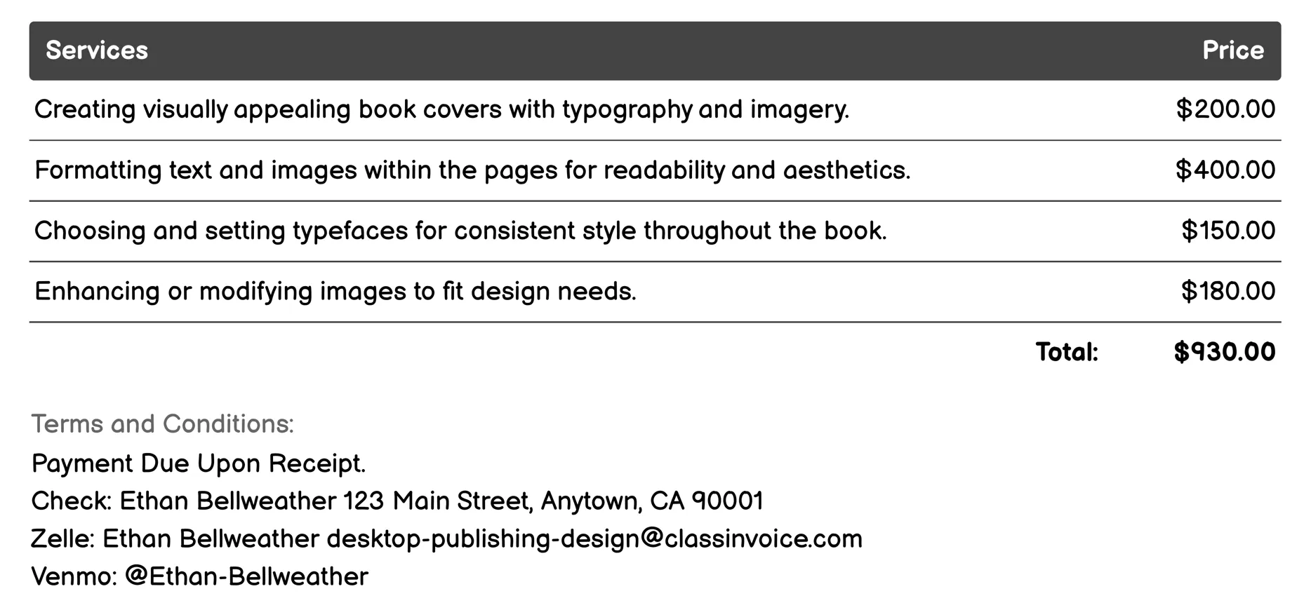 Book Design and Layout Invoice Example