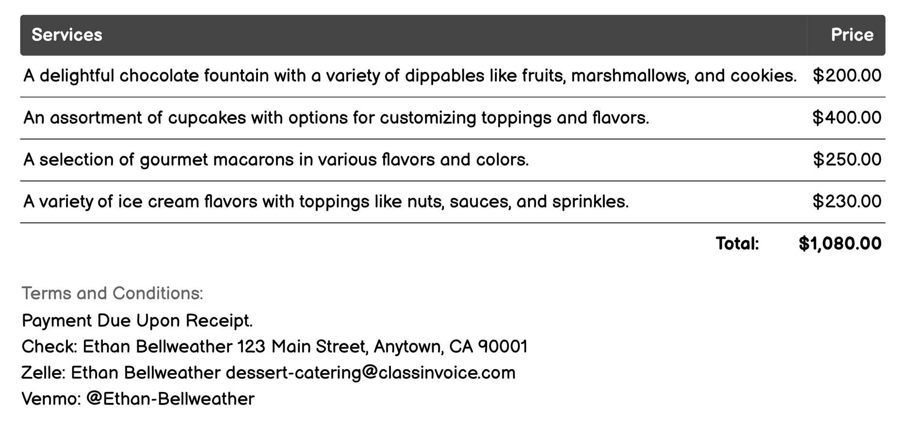 Festival Dessert Catering Invoice Example