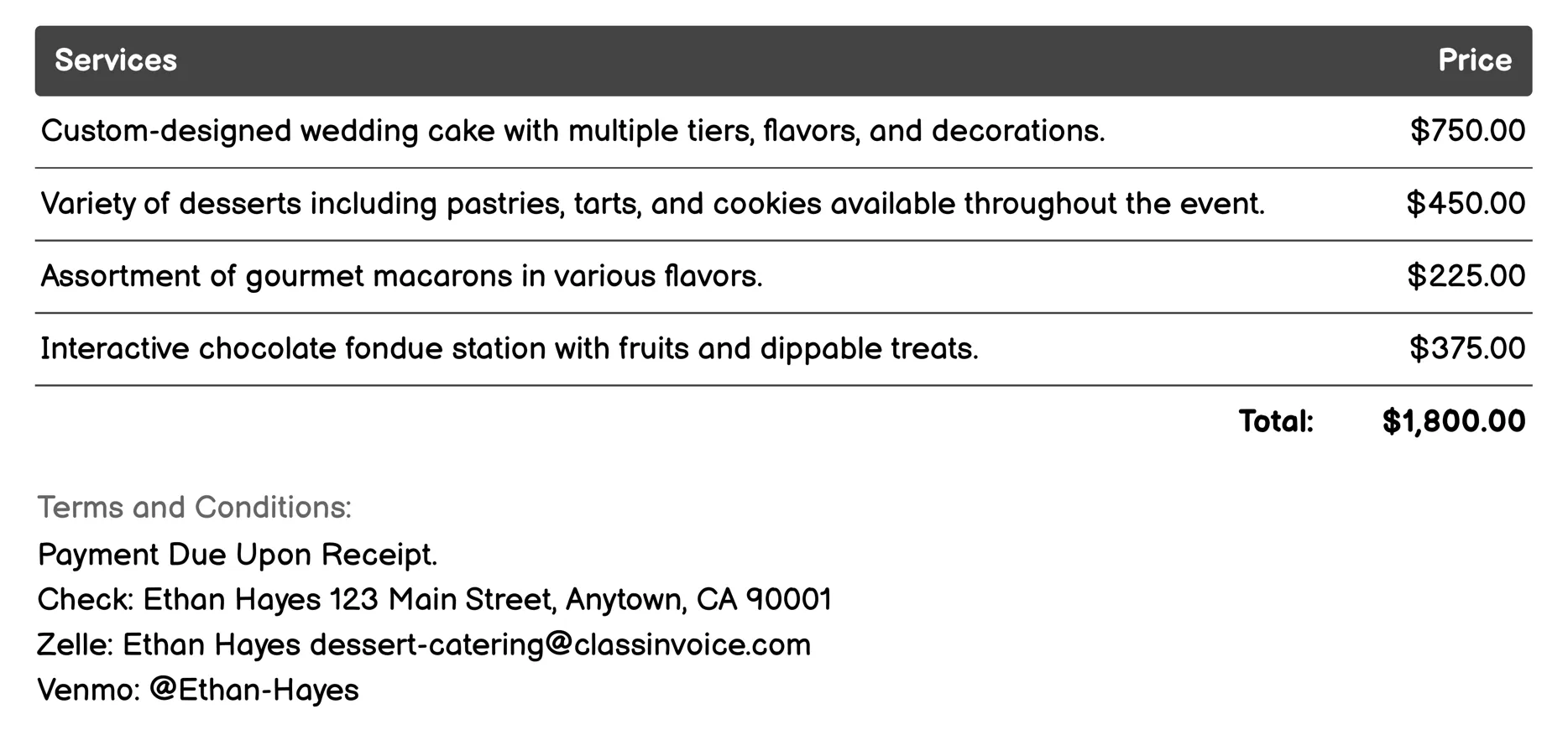 Wedding Dessert Catering Invoice Example