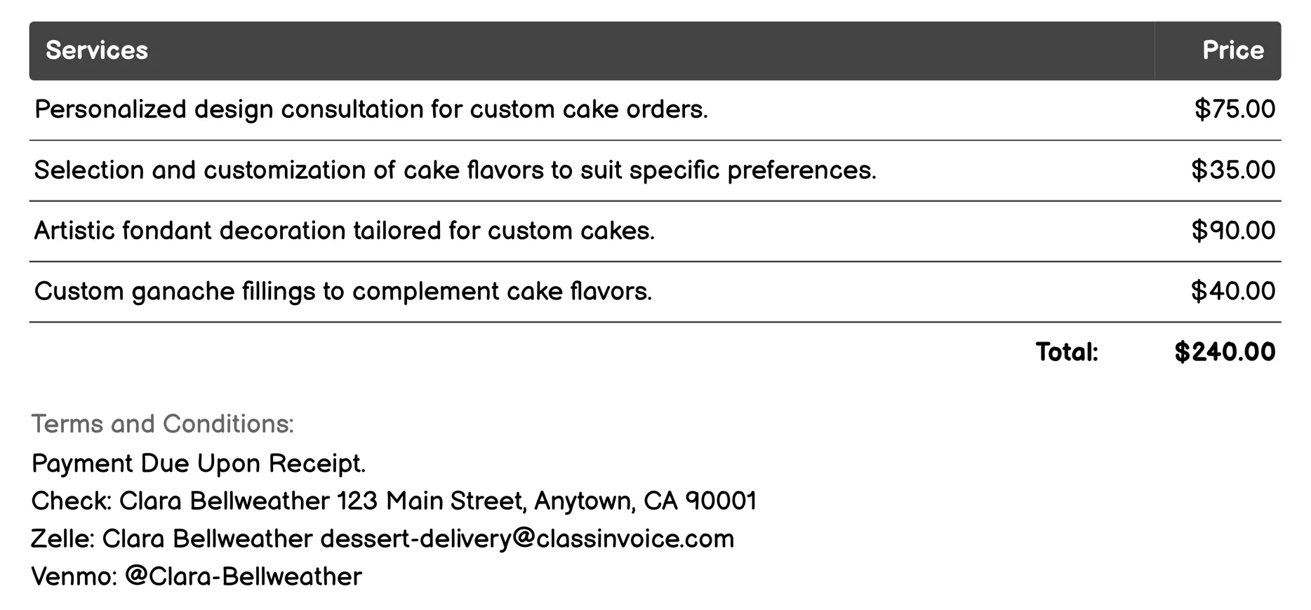 Custom Cake Orders Invoice Example