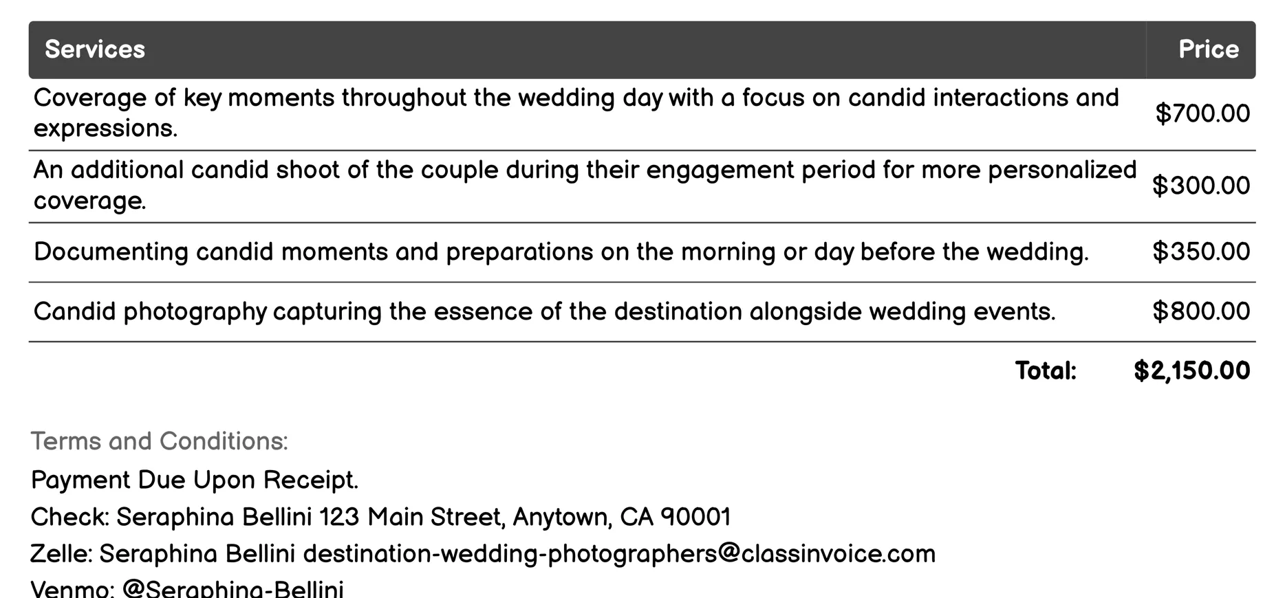 Candid Photography Invoice Example