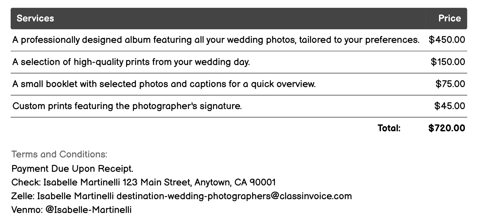 Customized Albums and Prints Invoice Example