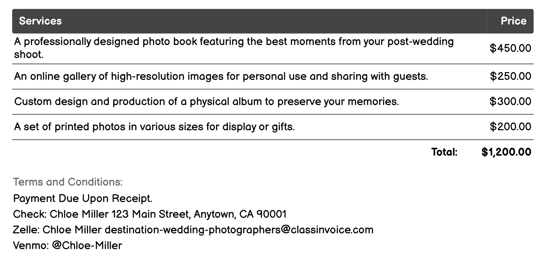 Post-Wedding Shoots Invoice Example