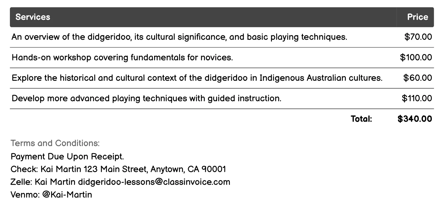 Cultural and Historical Education Invoice Example