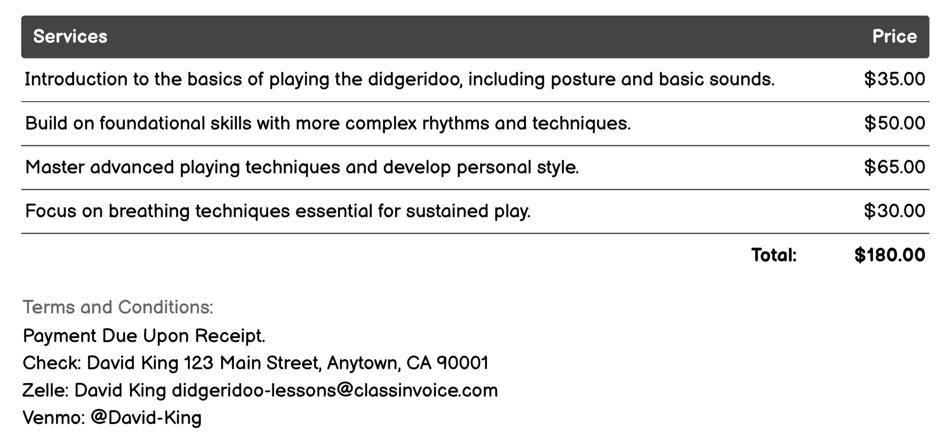 Online Didgeridoo Tutoring Invoice Example