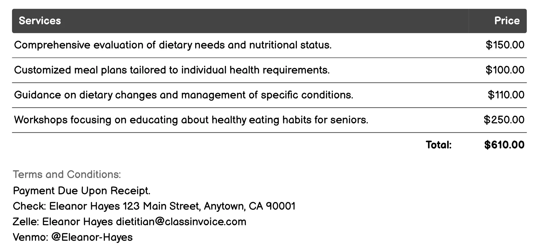 Geriatric Nutrition Invoice Example