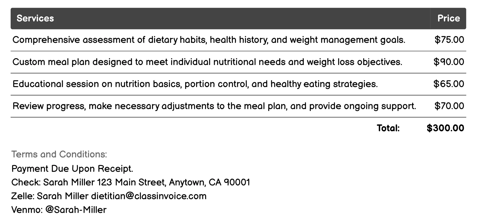 Weight Management Invoice Example
