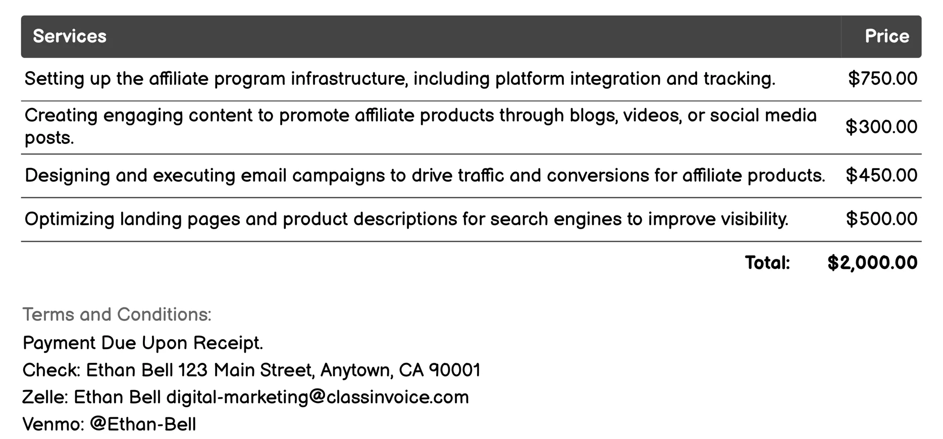 Affiliate Marketing Invoice Example