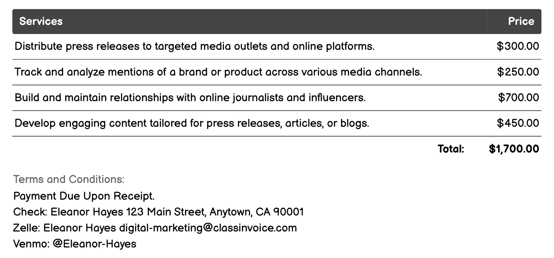 Online PR (Public Relations) Invoice Example